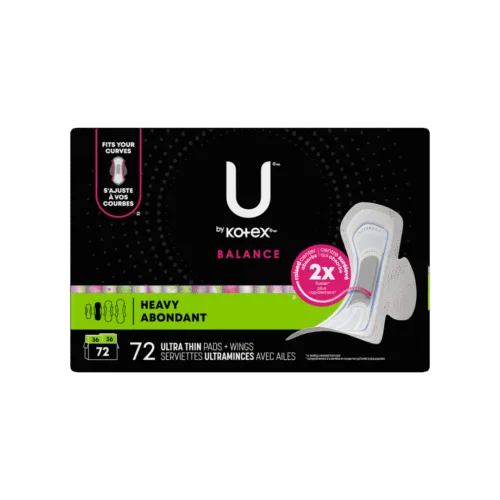 U by Kotex Balance Heavy Ultra Thin Pads with Wings – 72 Count, Raised Center for 2x Faster Absorption, 100% Leak-Free Protection, Available in Nigeria from CSI Grocery