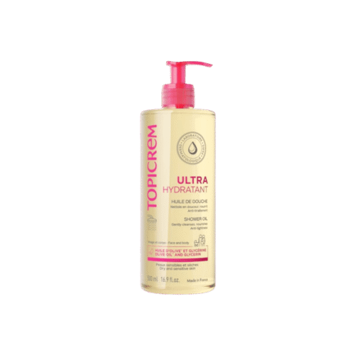 Topicrem, shower oil, ultra hydratant, olive oil, glycerin, moisturizing cleanser, 500ml, baby friendly, sensitive skin, Nigeria skincare, Lagos beauty