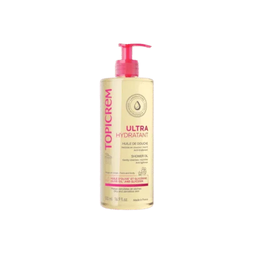 Topicrem, shower oil, ultra hydratant, olive oil, glycerin, moisturizing cleanser, 500ml, baby friendly, sensitive skin, Nigeria skincare, Lagos beauty