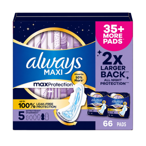 Always Maxi Max Protection Extra Heavy Overnight Pads – 66 Count