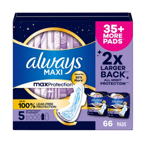 Always Maxi Max Protection Extra Heavy Overnight Pads – 66 Count