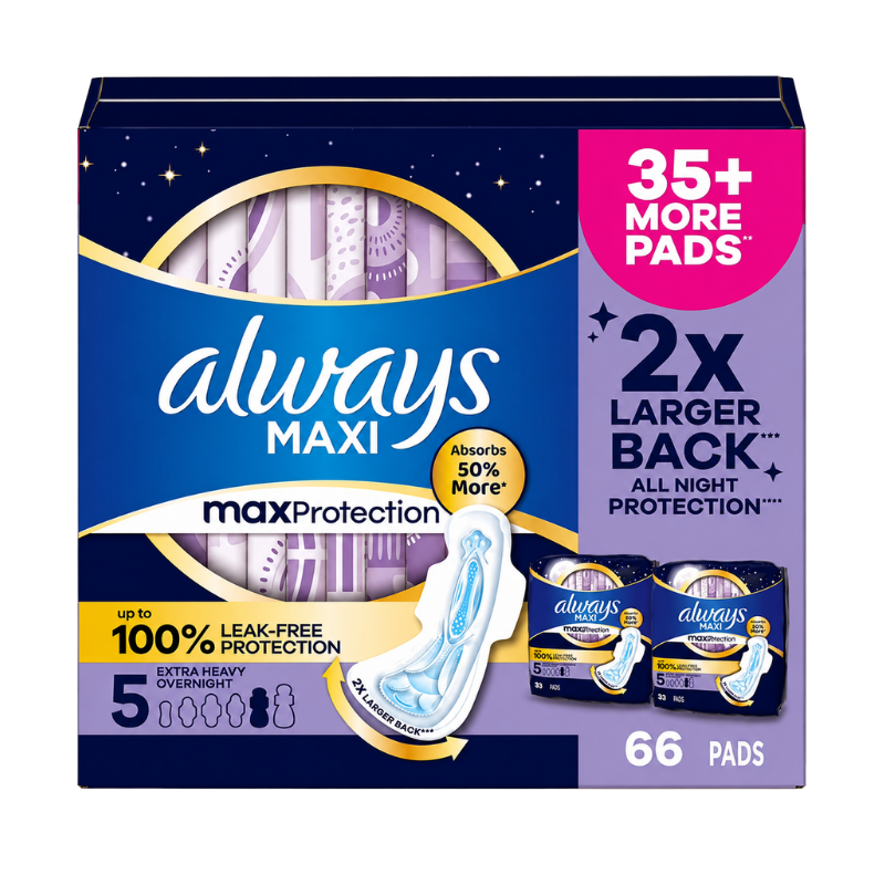 Always Maxi Max Protection Extra Heavy Overnight Pads – 66 Count
