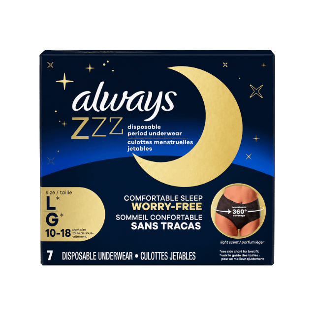 Always ZZZ Disposable Period Underwear – Size L (10–18), 7 Count