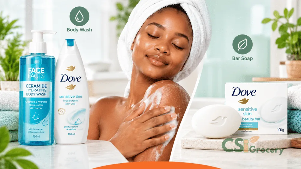 • Body wash vs bar soap for dry or sensitive skin